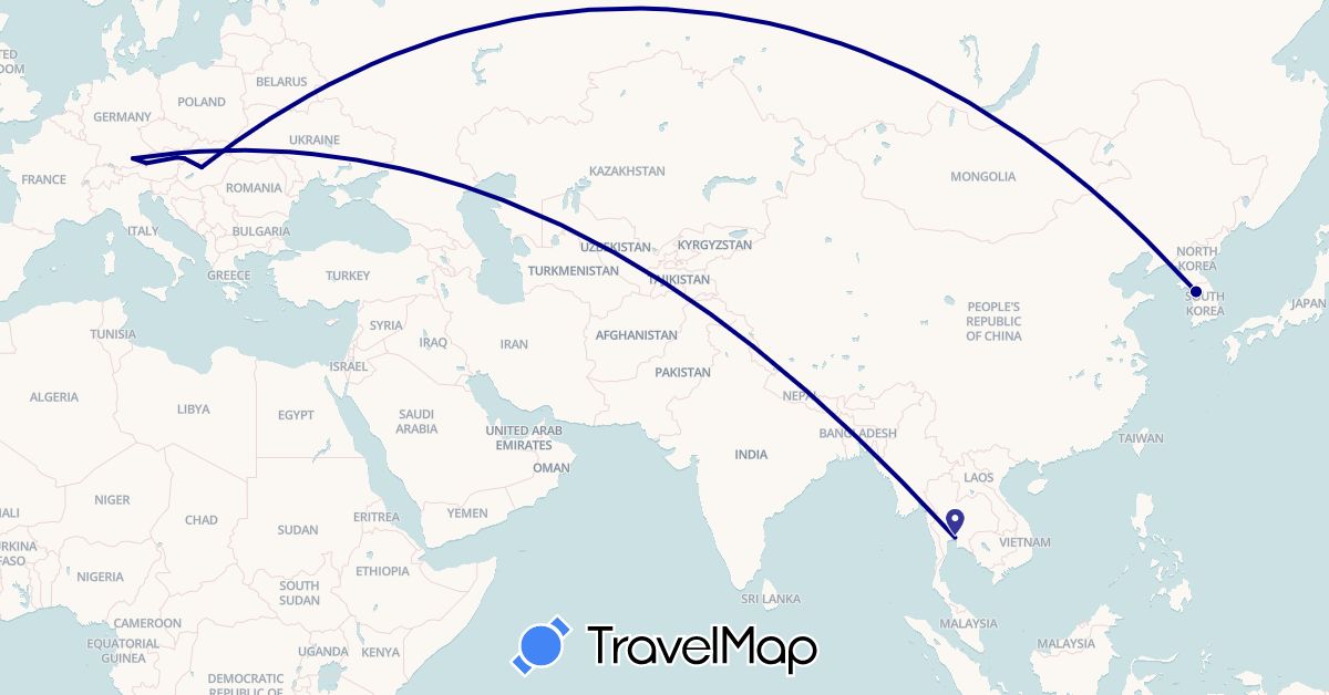 TravelMap itinerary: driving, plane in Austria, Germany, Hungary, South Korea, Slovakia, Thailand (Asia, Europe)